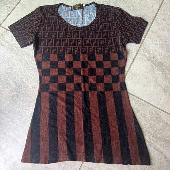 Fendi Vintage Zucca Logo Brown & Black checkered Top S/M - Picture 1 of 5